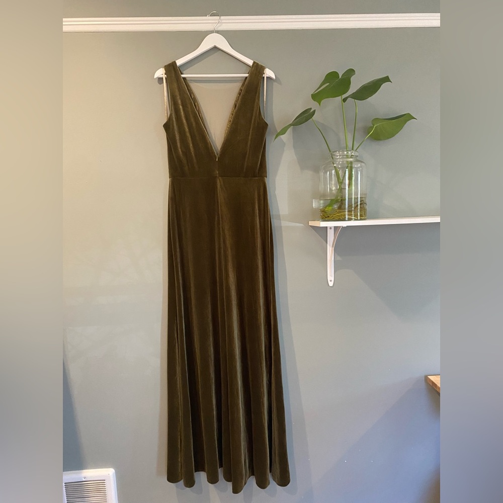 Jenny Yoo Logan Deep-V Velvet Column Gown Sage Green Bridesmaid or Formal Event - Picture 7 of 8